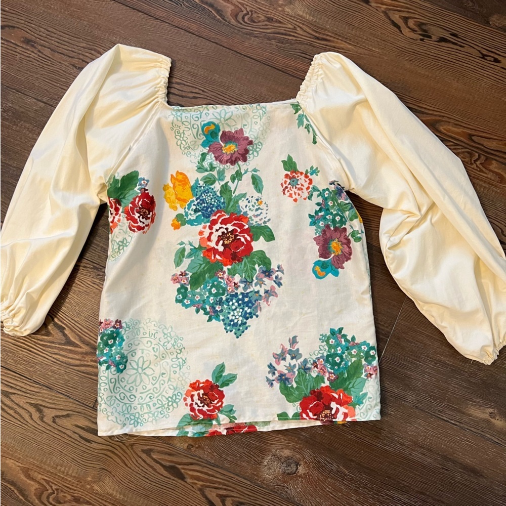 Handmade puffy sleeves floral cream multicolor top pullover upcycled